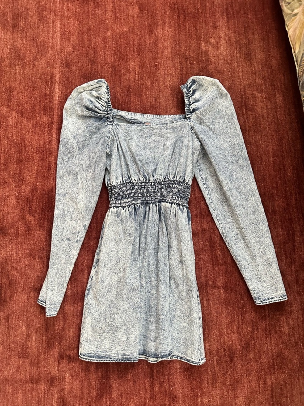 Washed Denim Puff-Sleeve Mini Dress - Blue
